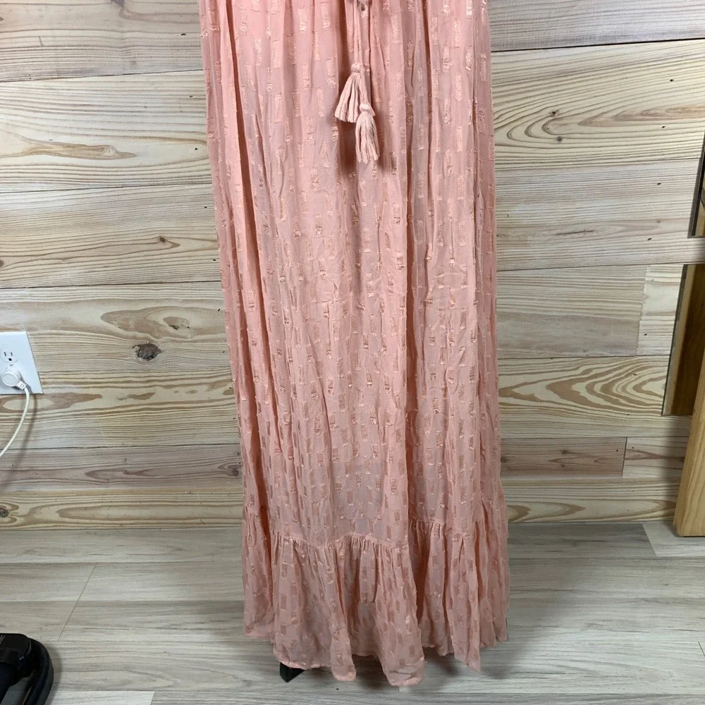 Lovestitch Maxi Dress Womens S/M Peach Metallic Gold Boho Tie Shoulder I-71758WL